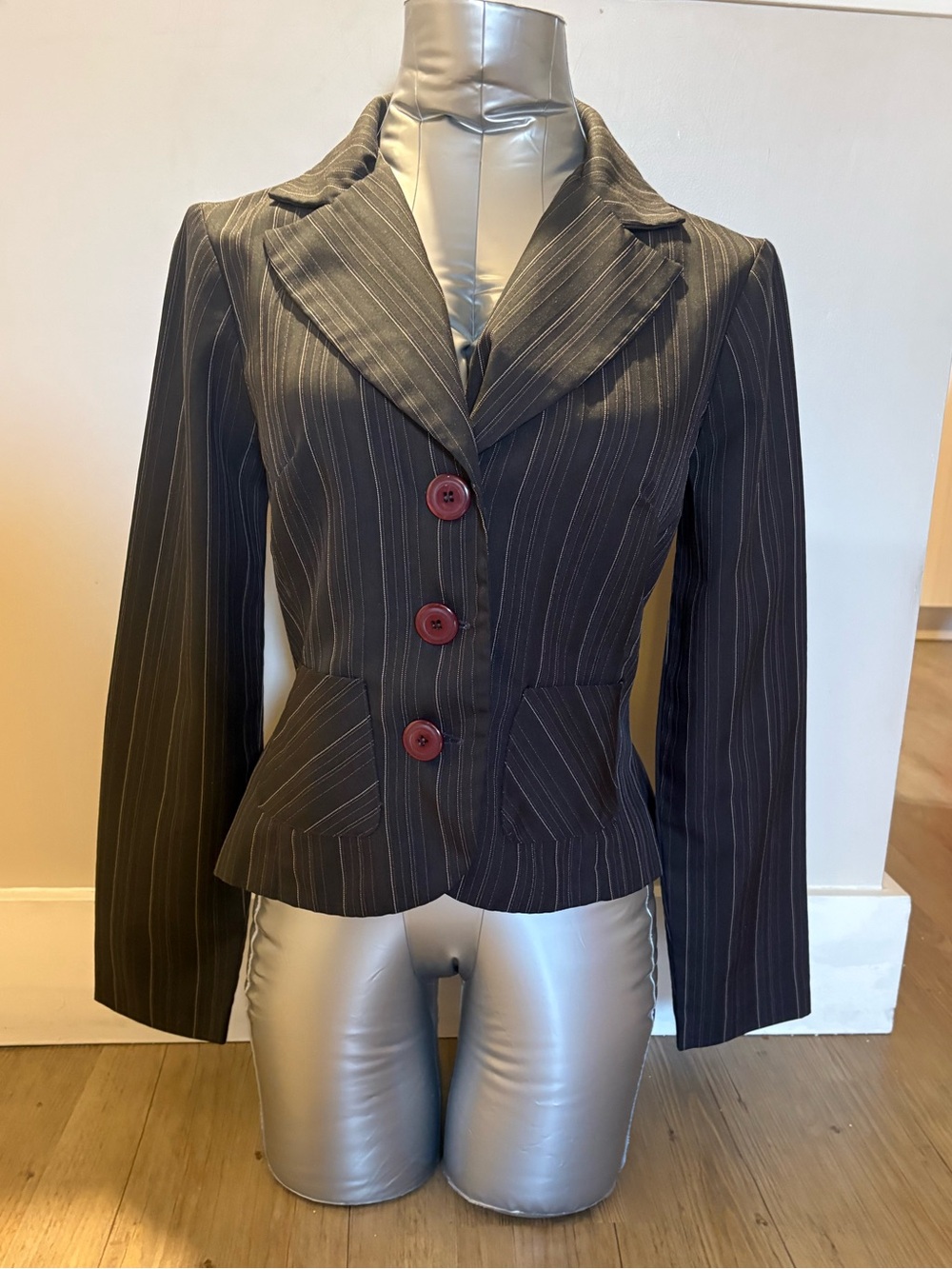 My Michelle Black Pinstripe Blazer with Burgundy Buttons